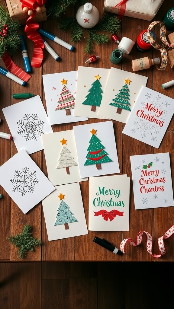A collection of handmade Christmas cards with festive designs on a wooden table with crafting supplies.